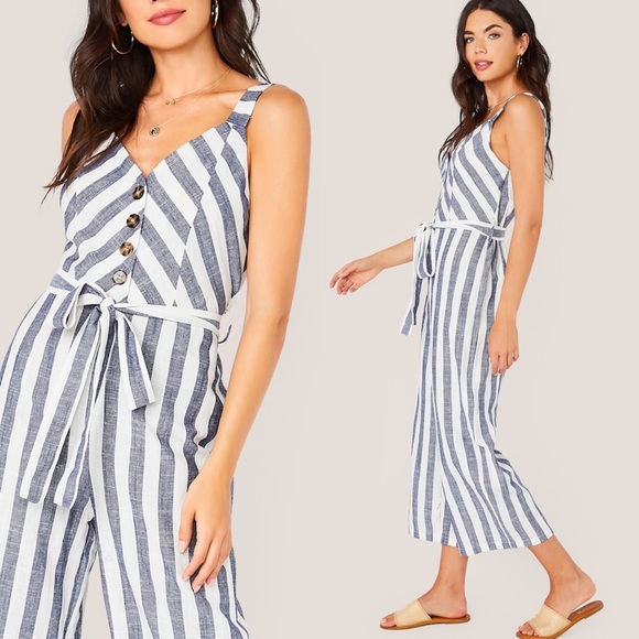 Striped jumpsuit blue white buttoned belted - Picture 2 of 3